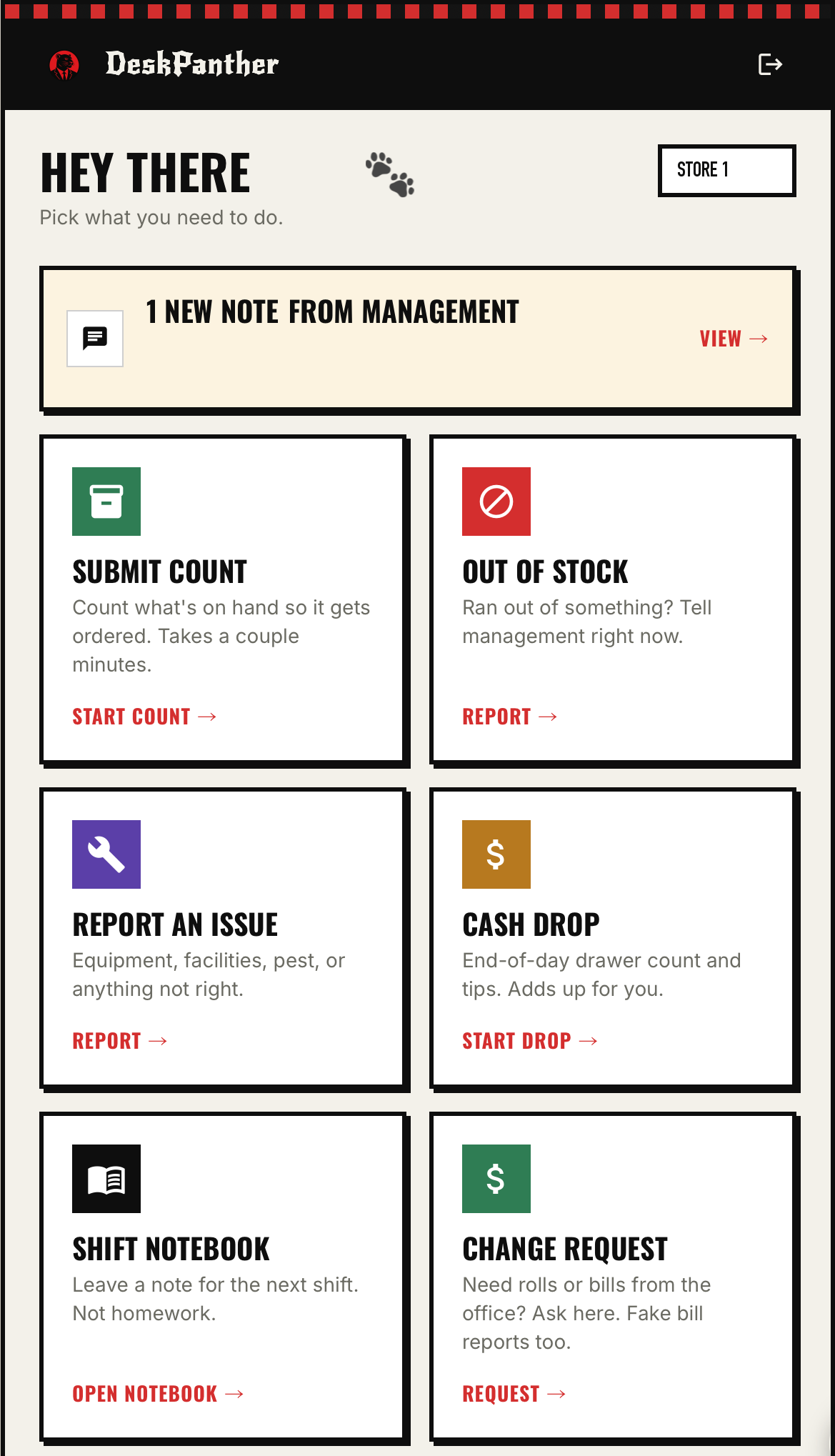 DeskPanther staff home screen with six task cards