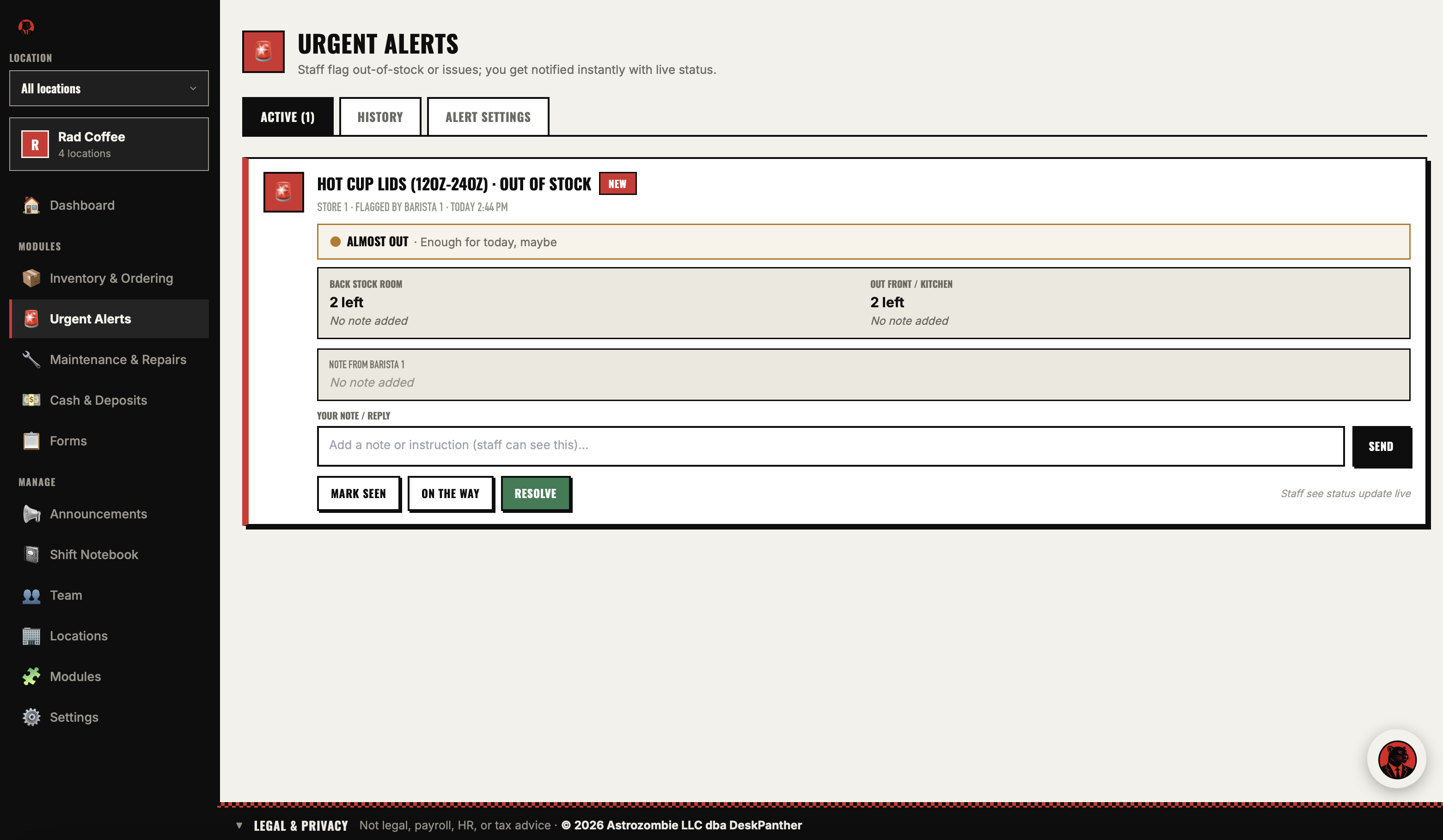 Owner urgent alert view of the same out-of-stock report