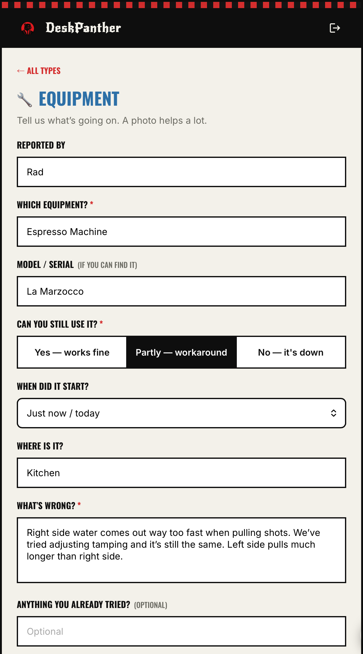 Staff repair request form with photo