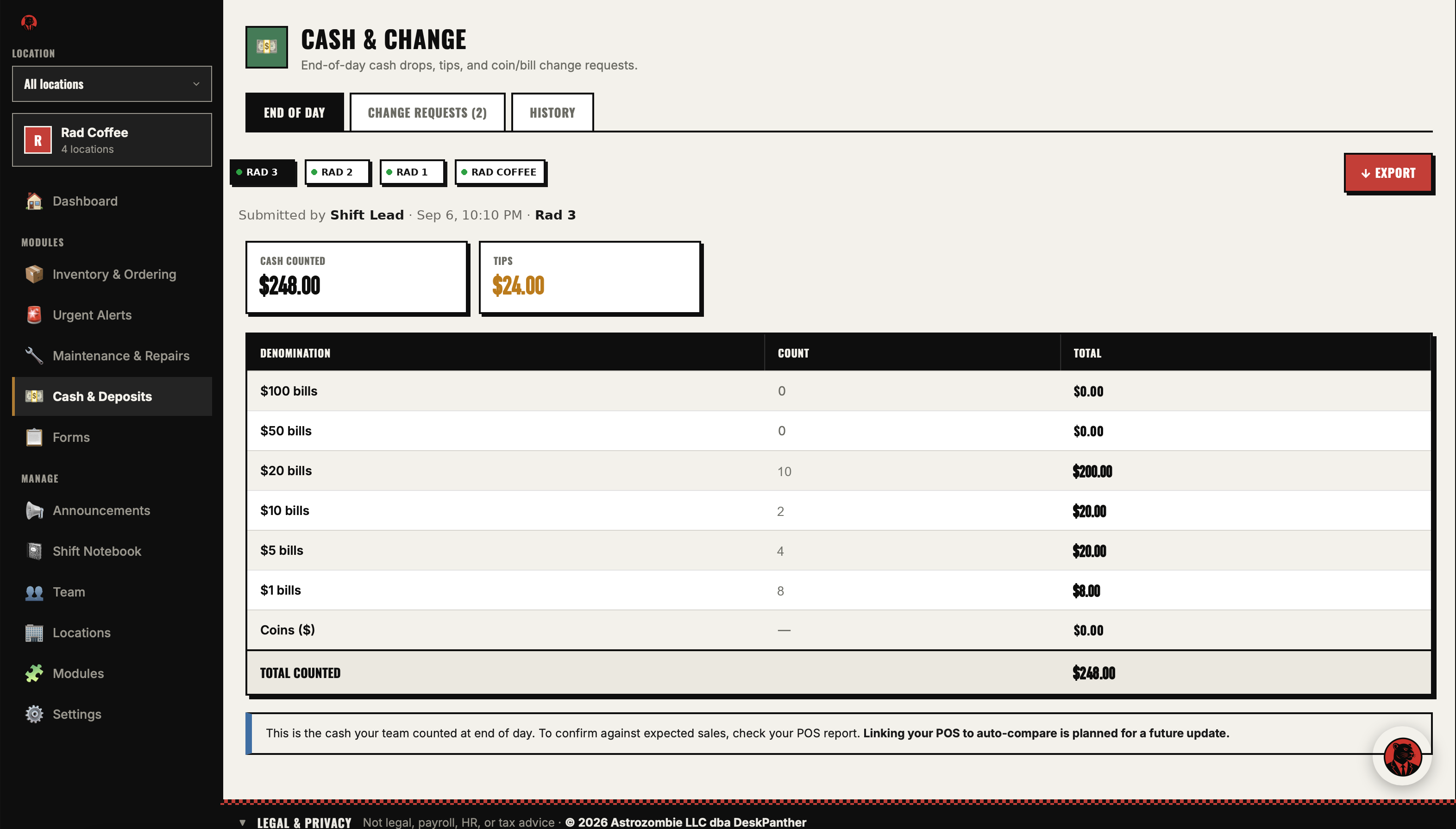 Cash drop with denomination counts