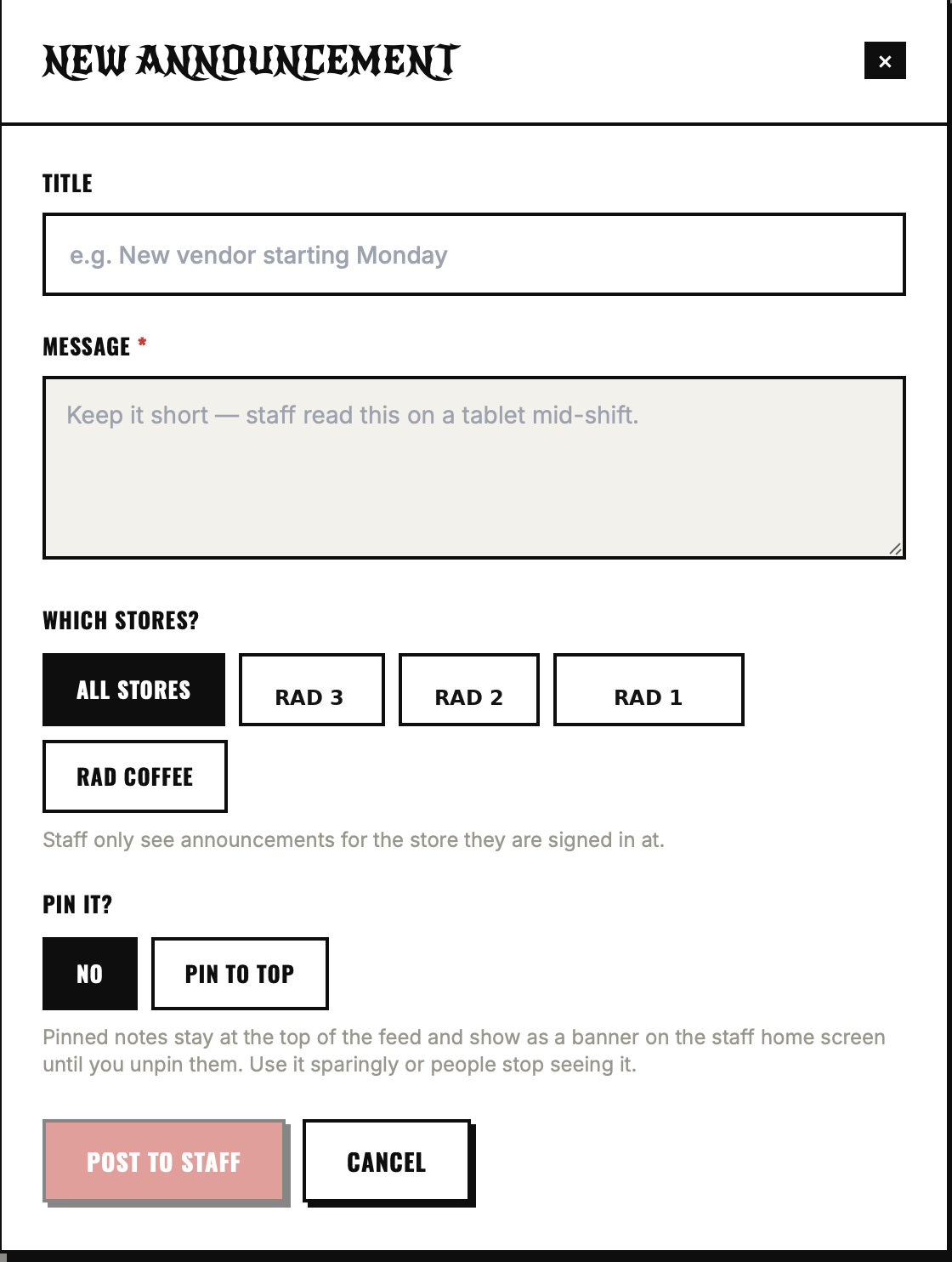 Announcement composer with store targeting