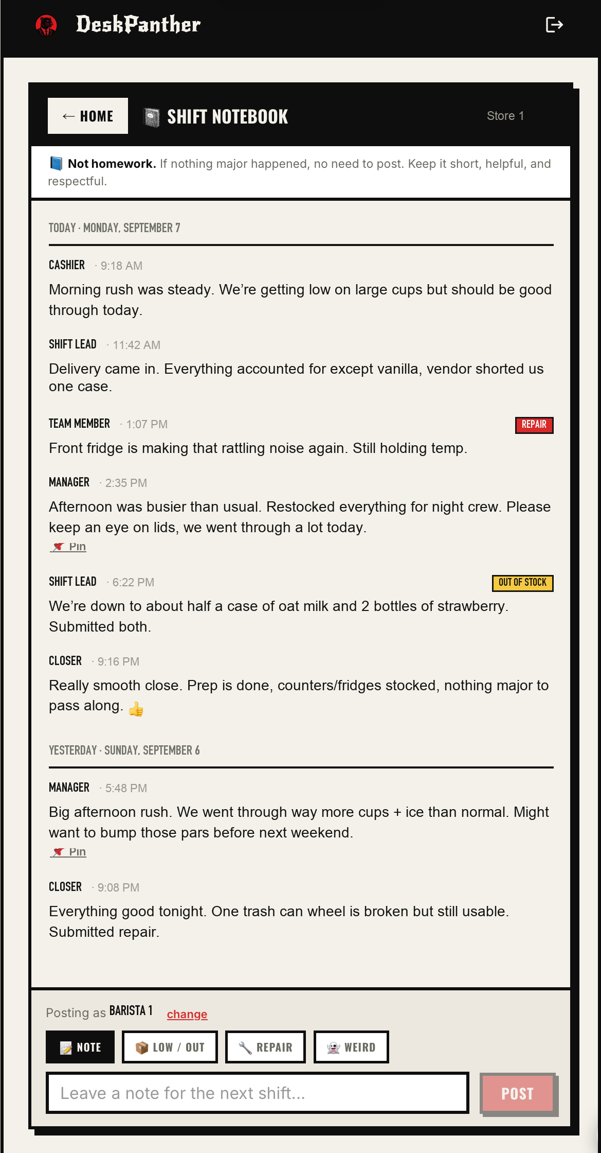 Staff shift notebook with entries and composer