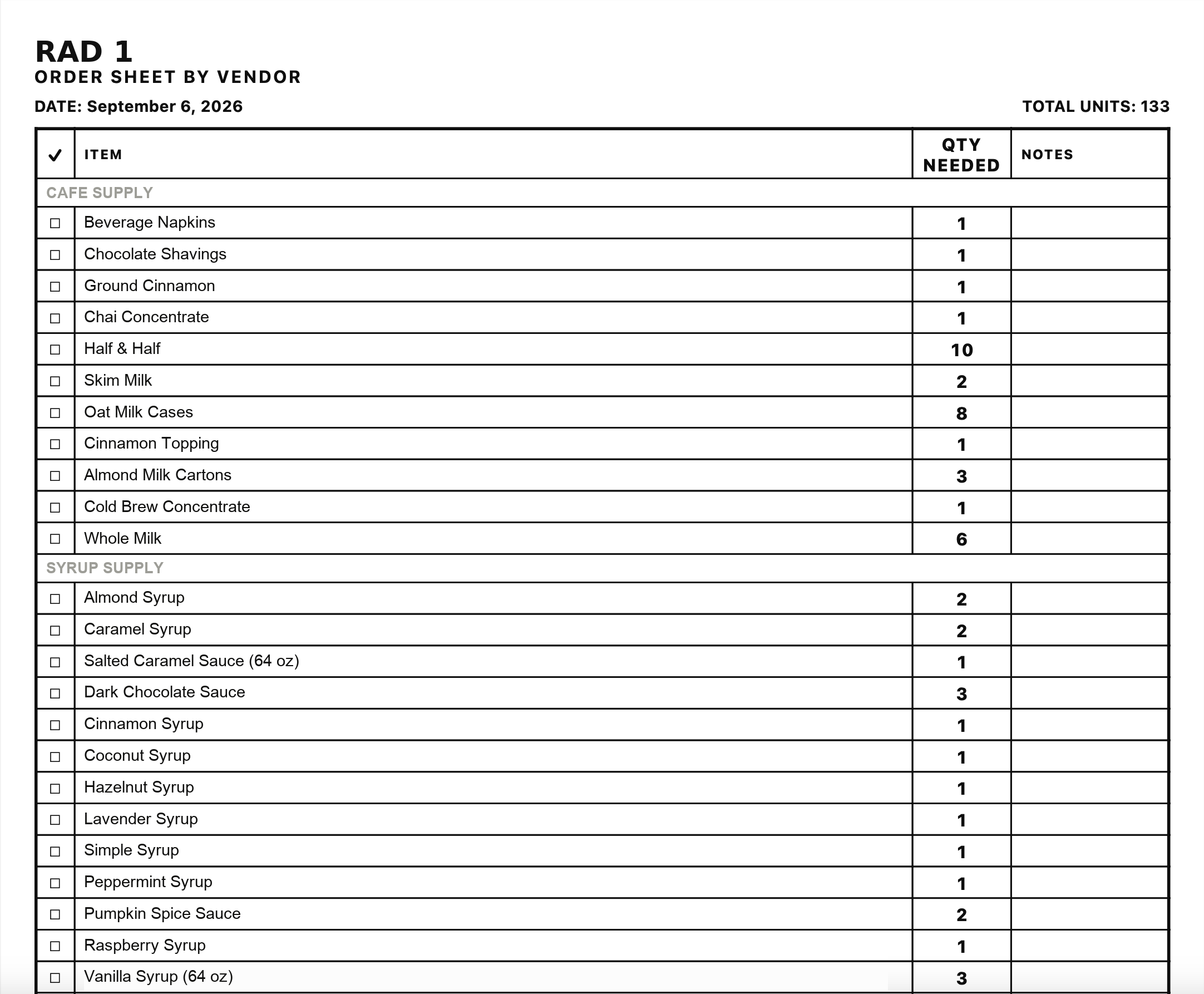 Printable order sheet PDF by vendor